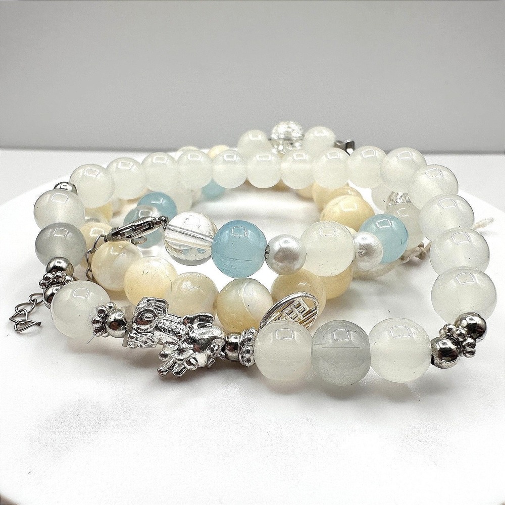 Vintage Aquamarine Moonstone Style Pixie Amulet Bead Bracelet Set Retro Jewelry